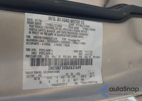 2006 Mercury Grand Marquis Ls z USA, uszkodzony, nr VIN 2MEHM75V06X631649